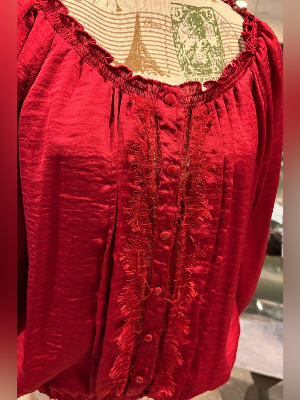 Eyeshadow Red Ruffled Button-Front Peasant Blouse - Picture 2 of 5